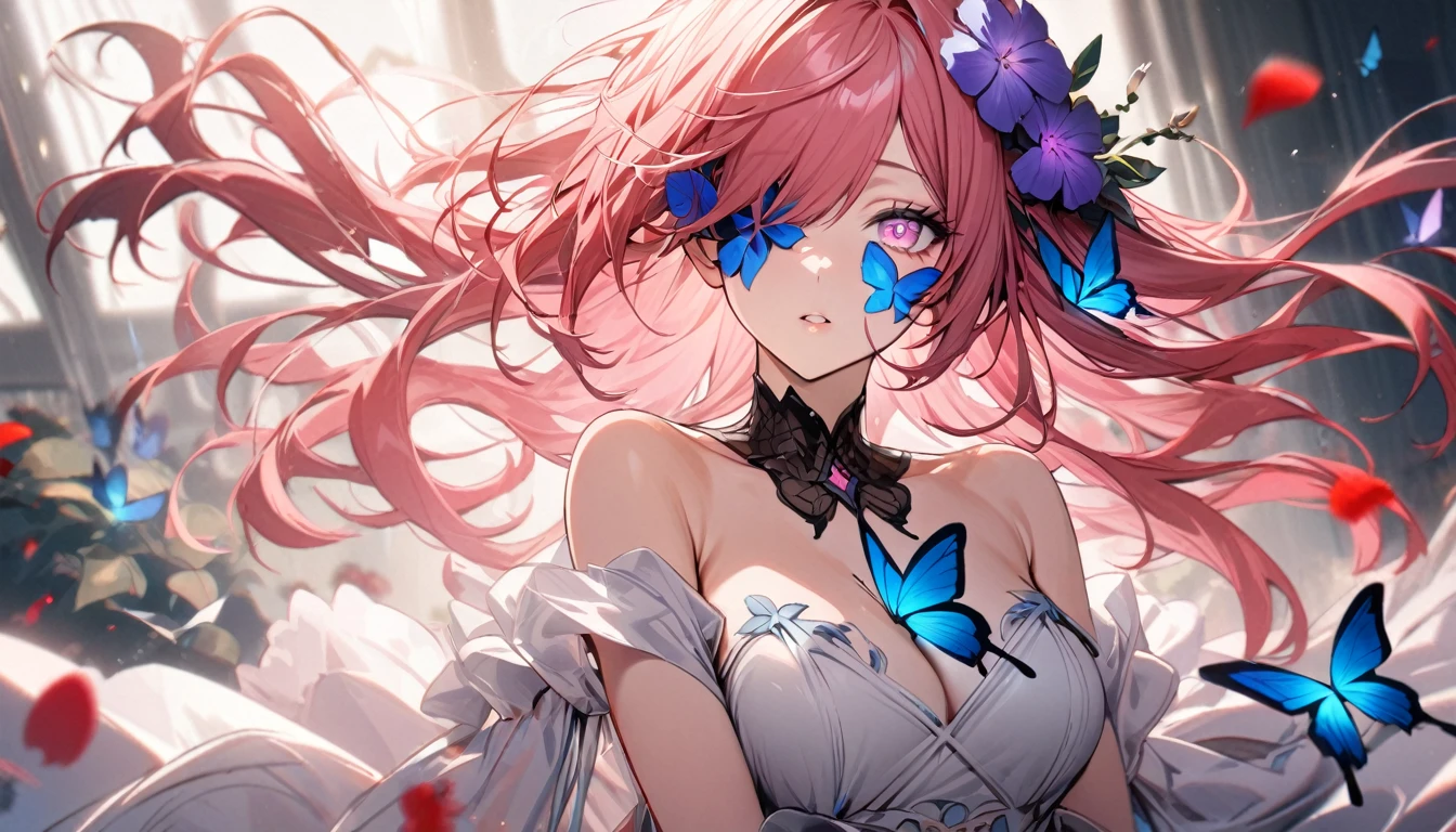 1girl, solo, upper body, looking at viewer, parted lips,piercing eyes, pink eyes, one eye covered, flower over eye, eyelashes, long hair, pink hair, red hair, floating hair, multicolored hair, hair flower, hair ornament, bangs, breasts, white dress, dress, bare shoulders, fingernails, nail polish, flower, butterfly, bug, blue butterfly, blue flower, red flower, purple flower, strapless, petals
masterpiece, best quality, high quality,