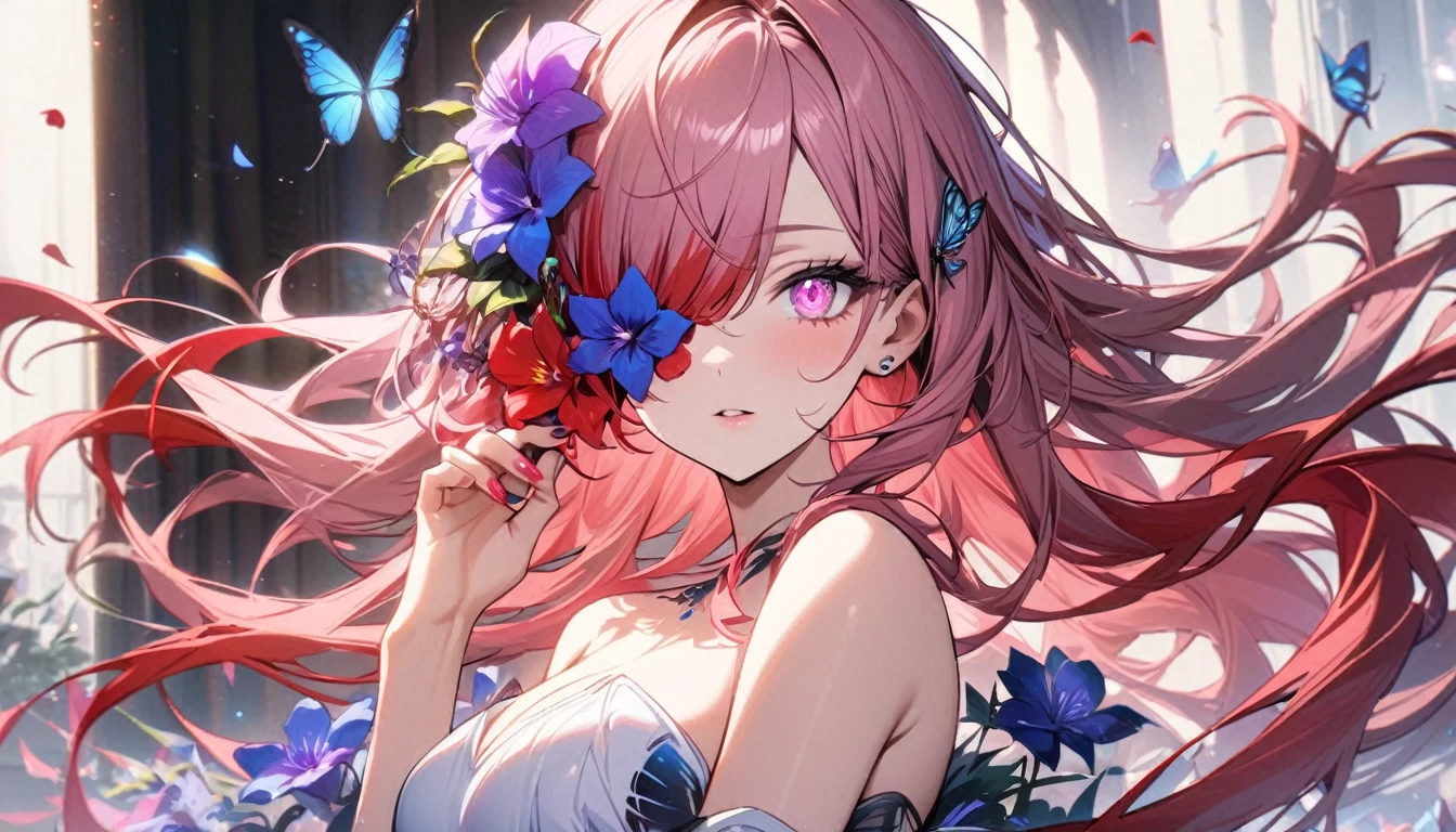 1girl, solo, upper body, looking at viewer, parted lips,piercing eyes, pink eyes, one eye covered, flower over eye, eyelashes, long hair, pink hair, red hair, floating hair, multicolored hair, hair flower, hair ornament, bangs, breasts, white dress, dress, bare shoulders, fingernails, nail polish, flower, butterfly, bug, blue butterfly, blue flower, red flower, purple flower, strapless, petals
masterpiece, best quality, high quality,