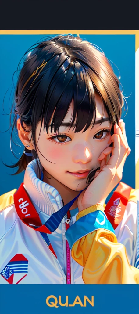 An Asian girl athlete standing,Put your face on an Olympic gold medal,Quan Hongchan