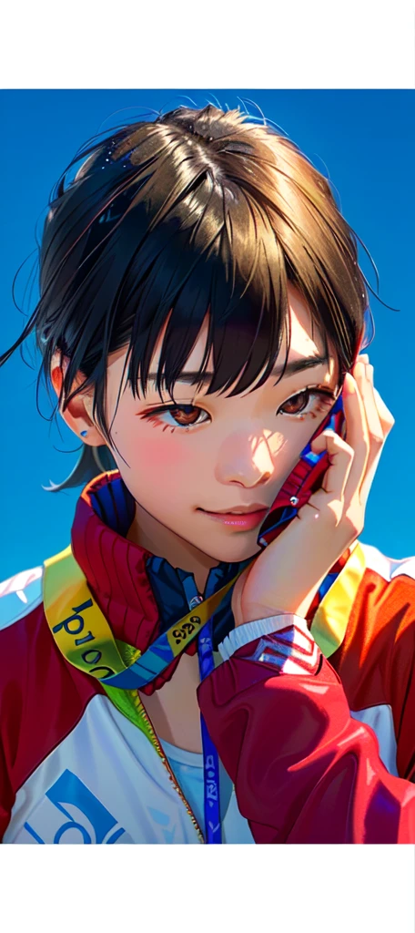 An Asian girl athlete standing，Put your face on an Olympic gold medal，Quan Hongchan