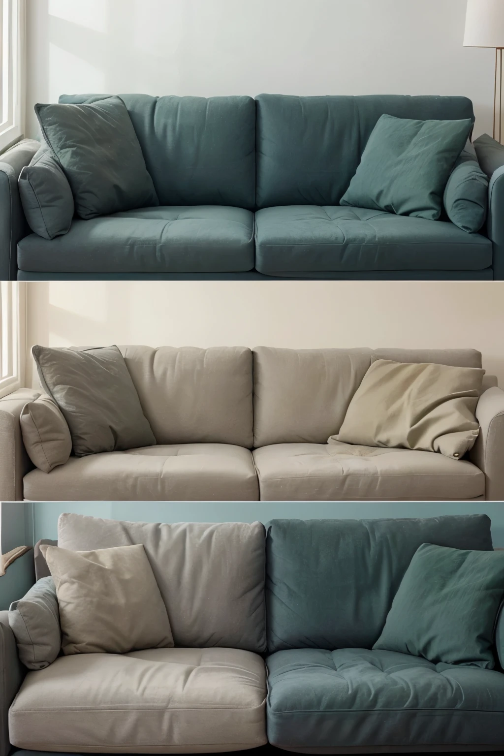 Create pictures of a sofa in different colours i.e. black, grey, white, beige, muted green and blue colour. The design of sofa must be same in each image but colour should be different 