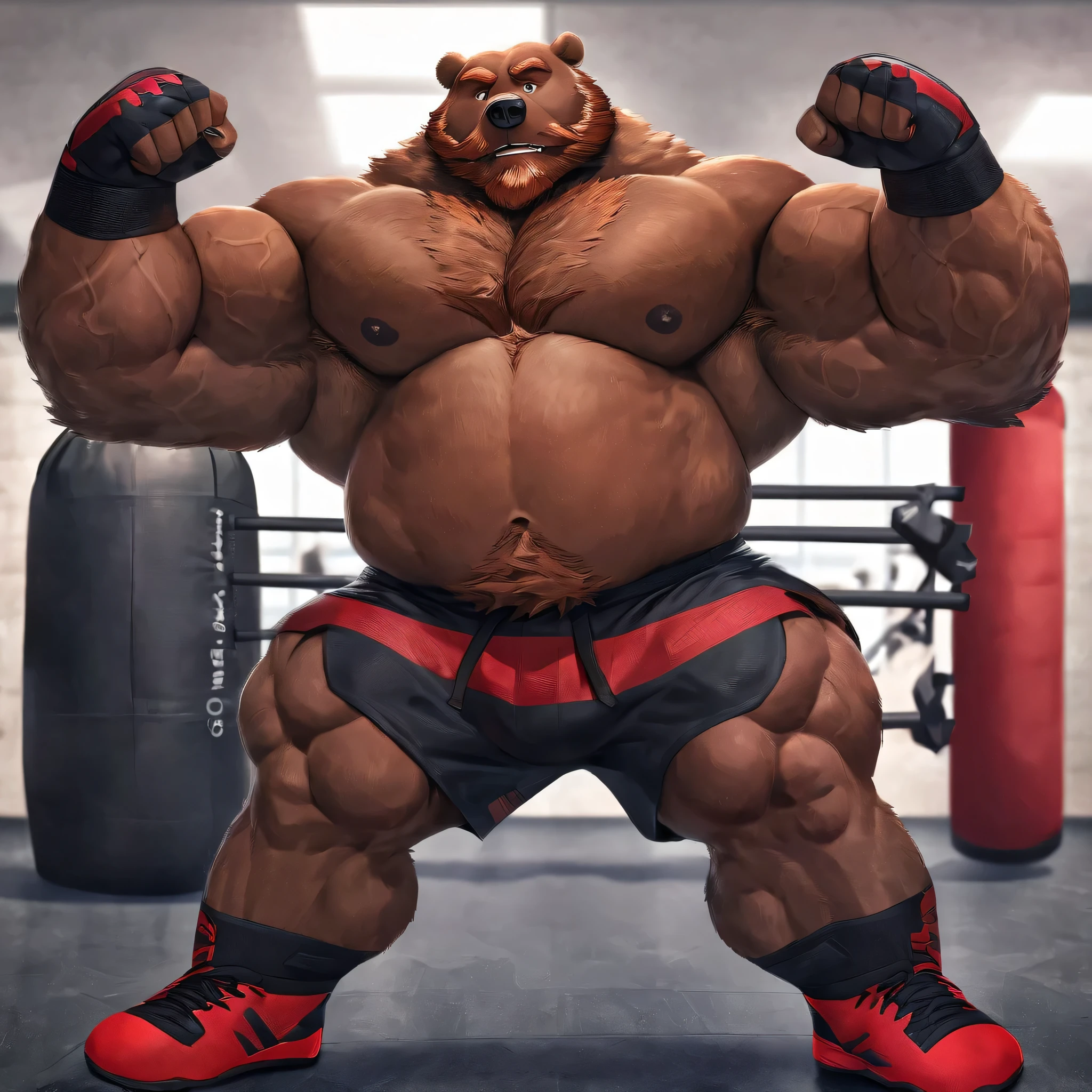 huge muscular kodiak brown bear in big gym fitness center, big grunting, kodiak bear, huge brown fur, thick arm, huge arm, veins all over arms and chests, bald, big brown mustache and beard, (muscular, pectoral, wide pectoral, thick arms), HEIGHT: 220CM, WEIGHT: 320KG, gym sets, workout equipments, ring, punching bag, realistic, 8k, masterpiece, added cinnamon colored eyebrows, deatiled eyes with red pupils, (wearing black mixed martial arts shorts with red slits, black mixed martial artfingerless gloves with red pads, black footwear tapes, shirtless and topless), punching, 