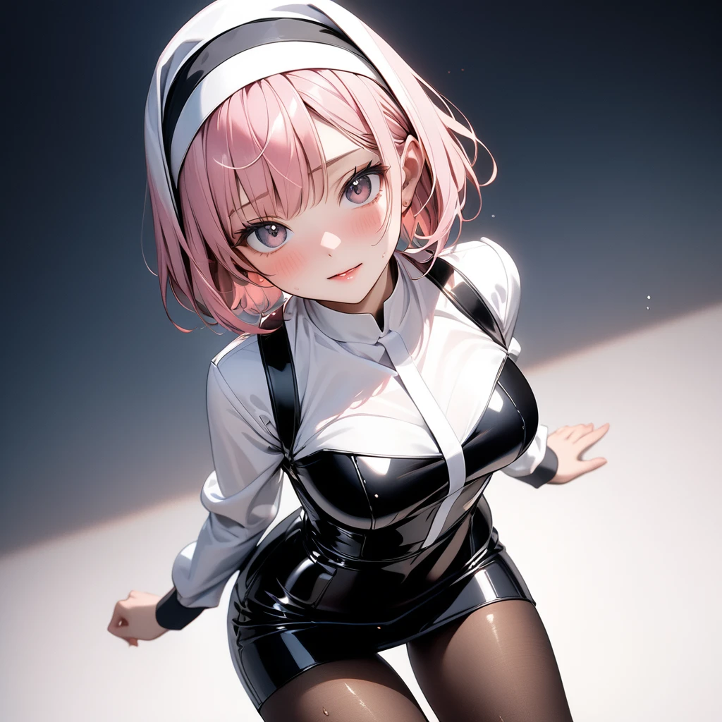 ((((traditional nun)), panties, skirt, Pantyhose, Stiletto heels)), ((Shiny Costumes)), (skindentation), skinny, alone, solo, Masterpiece, highest quality, highest quality, 16K, incredibly absurd, highly detailed, 2.5D, ai-generated, delicate and dynamic, very delicate facial expressions, delicate eye depiction, erotic, only sexy woman, ((A cute and kind face)), healthy figure, ((1 woman)), 160cm tall, ((medium firm swaying bust)), medium breasts, (short hair), Straight Hair, (pink hair:1.5), bob cut, black eye, blush, Sweat,Embarrassed,sexy, ((thin thighs)), shiny and lustrous, facing straight at viewer, smile, ((standing)), ((arm at side)),
