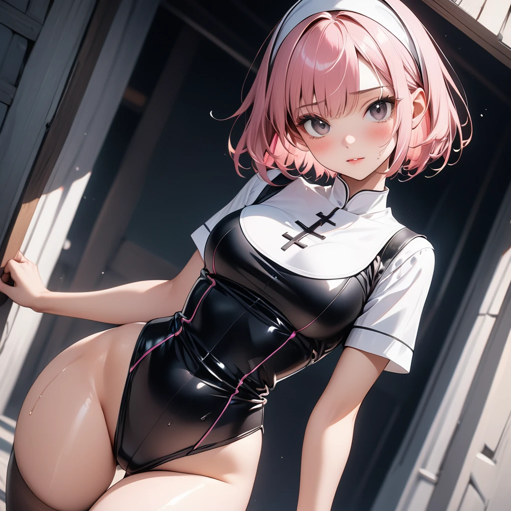  ((traditional nun)), ((skirt)), ((pantyhose)), ((shiny outfit)),, skindentation, skinny, solo, 1 woman, Masterpiece, highest quality, highest quality, 16K, incredibly absurd, highly detailed, 2.5D, ai-generated, delicate and dynamic, very delicate facial expressions, delicate eye depiction, erotic, only sexy woman, ((A cute and kind face)), healthy figure, ((25-year-old woman)), 160cm tall, medium firm swaying bust, (short hair), (pink hair:1.5), bob cut, black eye, blush, Sweat,Embarrassed,sexy, ((thin thighs)), (camel toe:0.7), (visible nipples:0.3), (Erect nipples,:0.7), shiny and lustrous, facing straight at viewer, (((in heat))), ((Oily_skin)), ((dutch angle)), ((erotic pose)), 