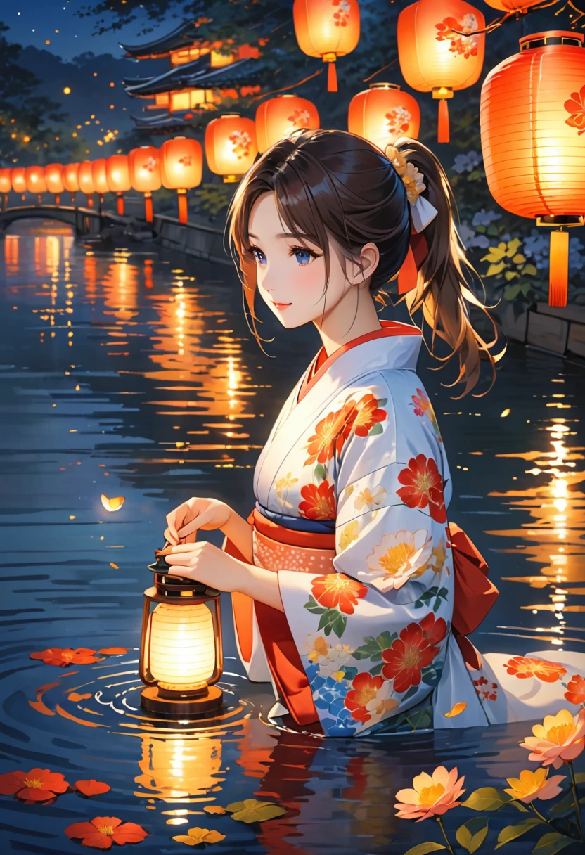 Highest quality、High resolution、Detailed Background、Beautiful face in every detail、Normal number of fingers、Highly detailed face、Teenage beauty、Perfect body line、Bobcut、ponytail、Twin tails、Obon season、A scene unique to Obon、A warm scene、At dusk、
The lights of the river lanterns sway on the surface of the river.、In the light, a girl in a white yukata is projected.、The girl carefully lights the river lantern.、We are praying with our hands together、
Ancestors with a gentle expression々It conveys the feeling of mourning the、Next, the girl begins to float flowers on the river lantern.、Red or white、Small yellow petals spread across the surface of the river.、The girl puts flowers in her hands and gently floats the river lantern down the river.、I am fascinated by the river lights floating away on the current.、Xu々As night deepens、The surroundings are enveloped in darkness、But the girl seems to be surrounded by the soft light of the river lanterns.、In this quiet moment, a gentle thought dwells in the girl's eyes.、You can feel the overlap of gratitude to one's ancestors and hopes for the future.、There is a custom of sending off the spirits of ancestors by floating lanterns down the river.