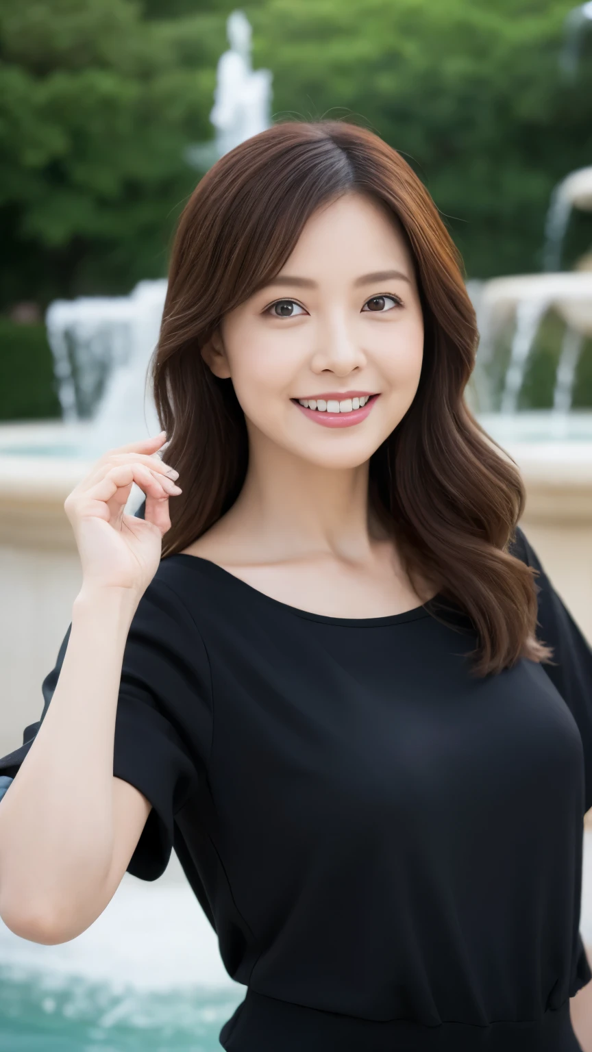 最high quality, In 8K, whole body, Real, Upper Body, high quality, High resolution, Detailed face, Detailed eyes, Thick lips, (Look at the viewers), alone, Middle-aged women, , 60 years old, , Wavy Hair, , Wearing short sleeves, Standing in front of a fountain, Wrinkles around the eyes, Smiling with teeth showing, Background Blur