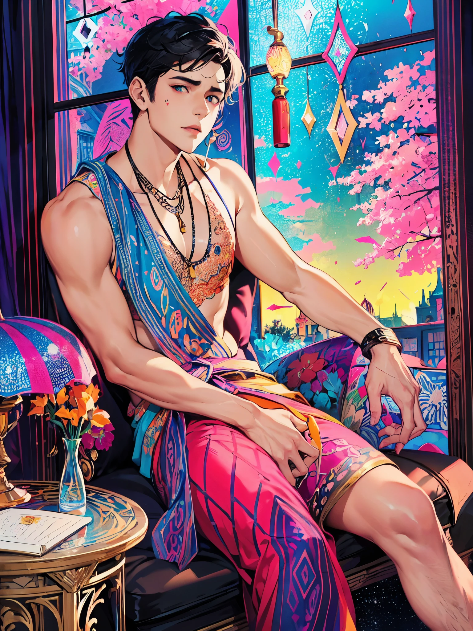 A tormented young Indian man, seated by his window amidst a kaleidoscope of colorful decor, his face etched with anguish, clutching a phone in one hand and a cigarette in the other. His table is adorned with a single bottle, the scene glowing with a luminous, liquid foil gradient mimicking an anime style, with subtle zentangle patterns subconsciously drawing the viewer's eye towards the desolate figure.