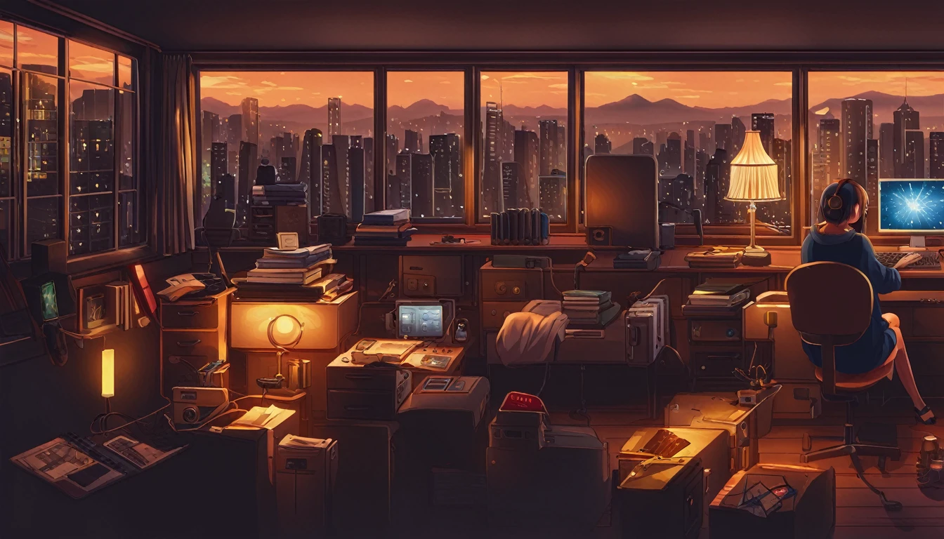 "Anime girl sitting in front of computer in cozy bedroom (landscape), listening to music with headphones in cozy room at night. Beautiful night view from rooftop window surrounded by a lot of things, Ghibli-style anime, lo-fi, highly detailed, with hard disk, mix of anime style and Fujifilm, hyperrealism, 8K, masterpiece."