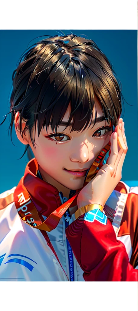 An Asian girl athlete standing，Put your face on an Olympic gold medal，Quan Hongchan