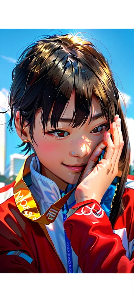 An Asian girl athlete standing,Put your face on an Olympic gold medal,Quan Hongchan