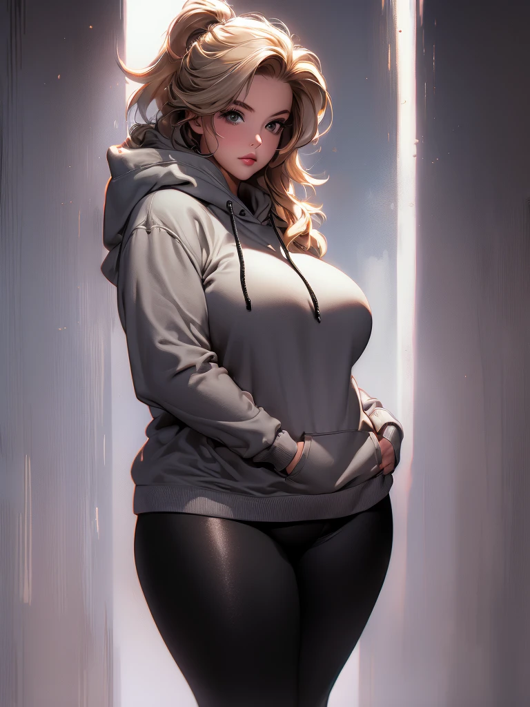 solo plump fat wide blonde woman wearnig a grey hoodie and leggings
