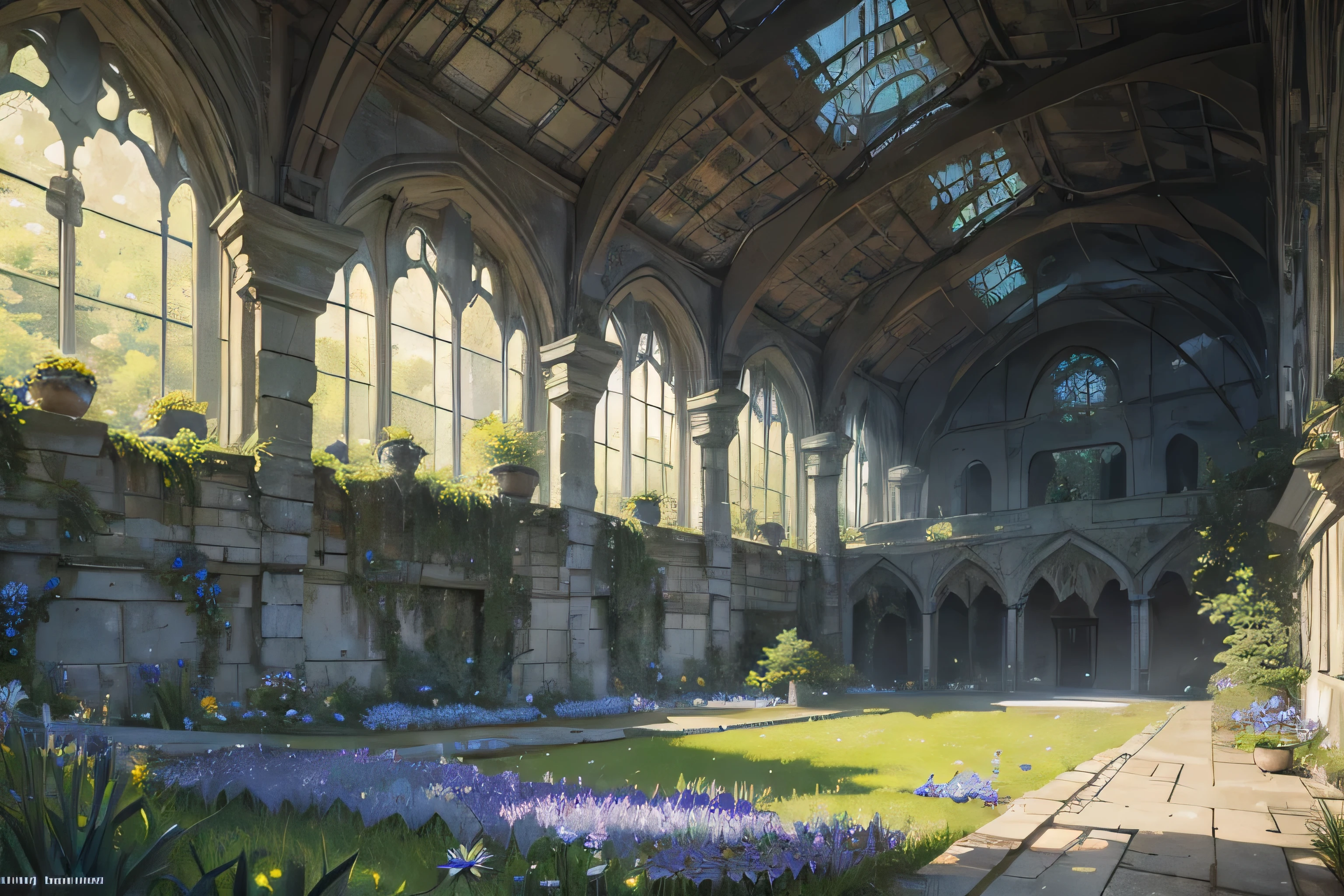 extremely overgrown atrium haven walled off from the world with very tall dilapidated stone walls, spacious rectangular enclosed interior with tall grass, blue daisies flowers, sharp focus, detailed, best quality