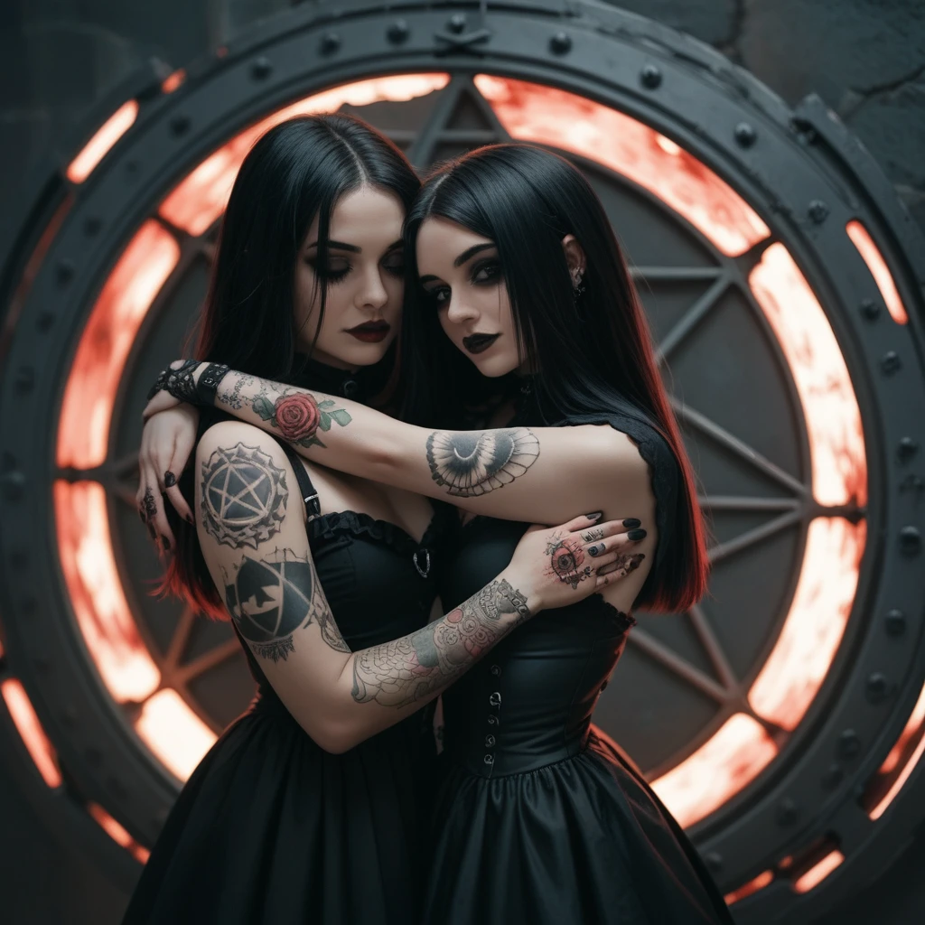 create a gothic woman image, long straight black hair, left arm tattooed with blood on hands with arms hugging each other, sexy black and gothic dress. Dark behind environment with a gothic ornate portal with an inverted pentagram in the background