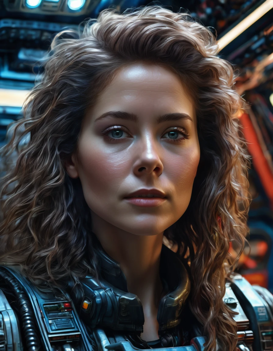 A (waist up:1.2) cinematic photorealistic color digital painting of Ellen Louise Ripley with the (80's heavy metal rock star hair style:1.2) at star ship cargo Nostromo Command Bay, detailed face, insanely detailed and intricate, crisp sharp and clear, volumetric lighting, ultra-high resolution, masterpiece hyper realistic artwork of Don Lawrence, centered, Professional color grading by Kenneth Hines Jr.