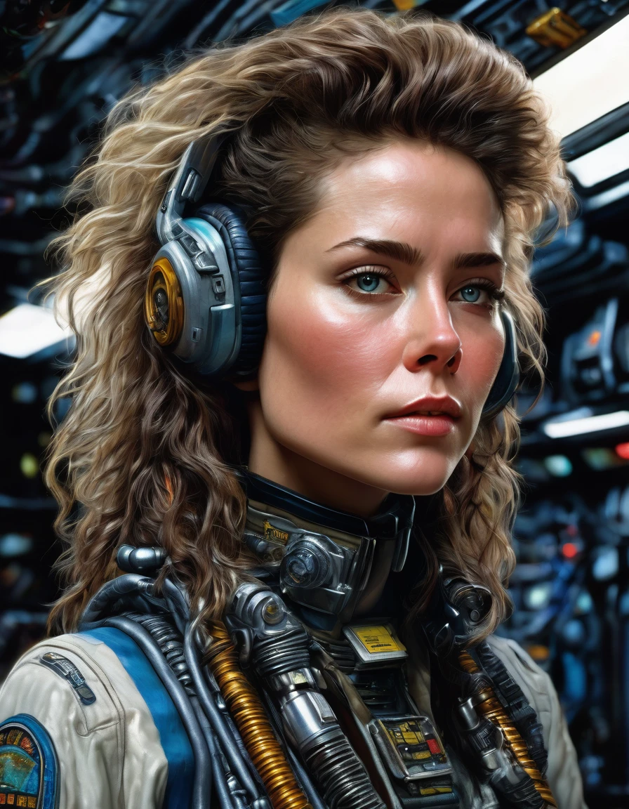 A (waist up:1.2) cinematic photorealistic color digital painting of Ellen Louise Ripley with the (80's heavy metal rock star hair style:1.2) at star ship cargo Nostromo Command Bay, detailed face, insanely detailed and intricate, crisp sharp and clear, volumetric lighting, ultra-high resolution, masterpiece hyper realistic artwork of Don Lawrence, centered, Professional color grading by Kenneth Hines Jr.