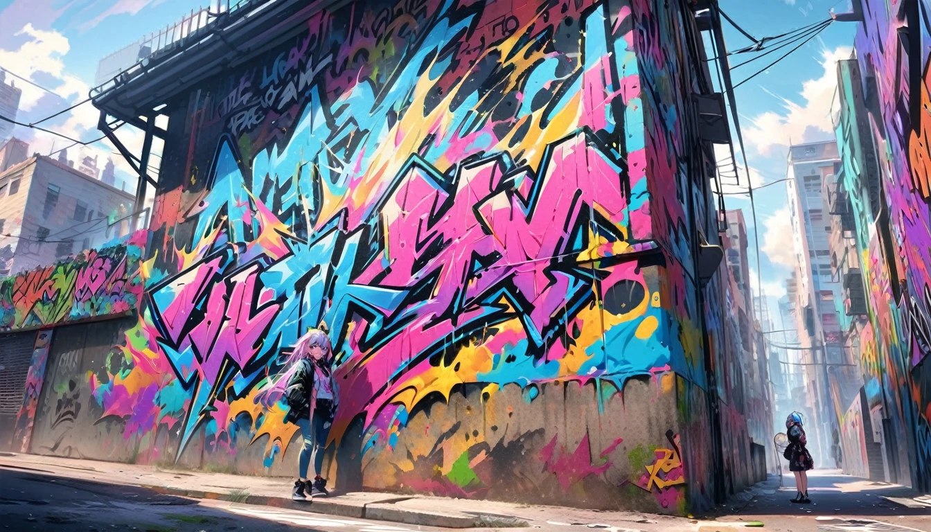 ,4kobra de arte,ultra-detalhado, 1 Chica anime arafed con cabello azul zafiro  y mochila, stands against wall,graffiti,,urban,vibrant and energetic,Cityscape scenery,,buildings