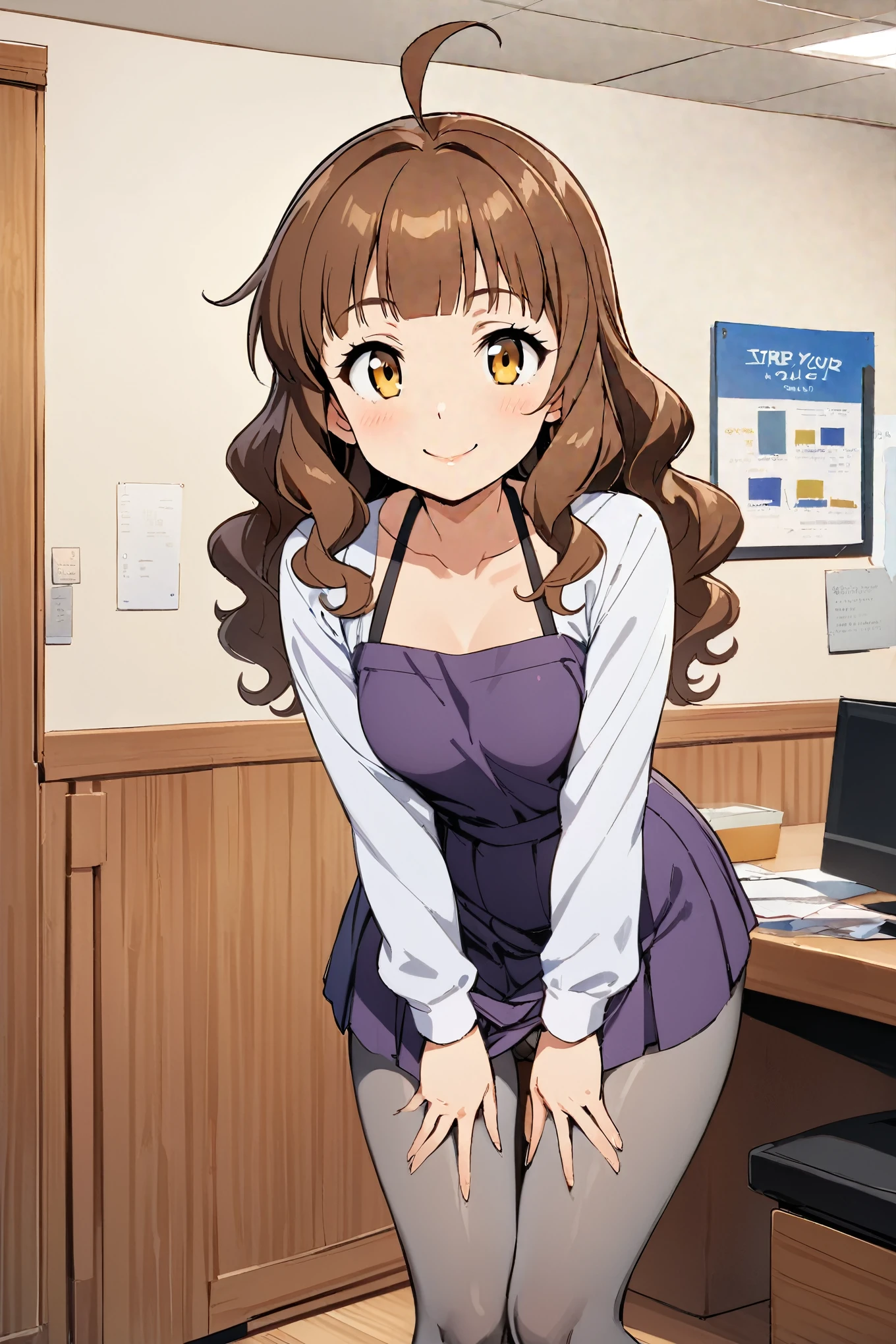 ((masterpiece,Highest quality)), High resolution, cute, eyelash, Upper Body, smile, Leaning forward, Put your finger on your lips, One girl, alone, Long Hair, chest, View your viewers, smile, One Girl, alone, (indoor, office, living room),
kishinami \(Fleet Collection\), Ahoge, Brown Hair, short hair, Wavy Hair, Yellow Eyes, Blunt bangs, 小さいchest,
, Grey pantyhose, Long sleeve, Pleated dress, Purple Dress, school uniform, Seamed legwear, White shirt, Halter neck, boots, whole body, Are standing,((panties)), Skirt Lift