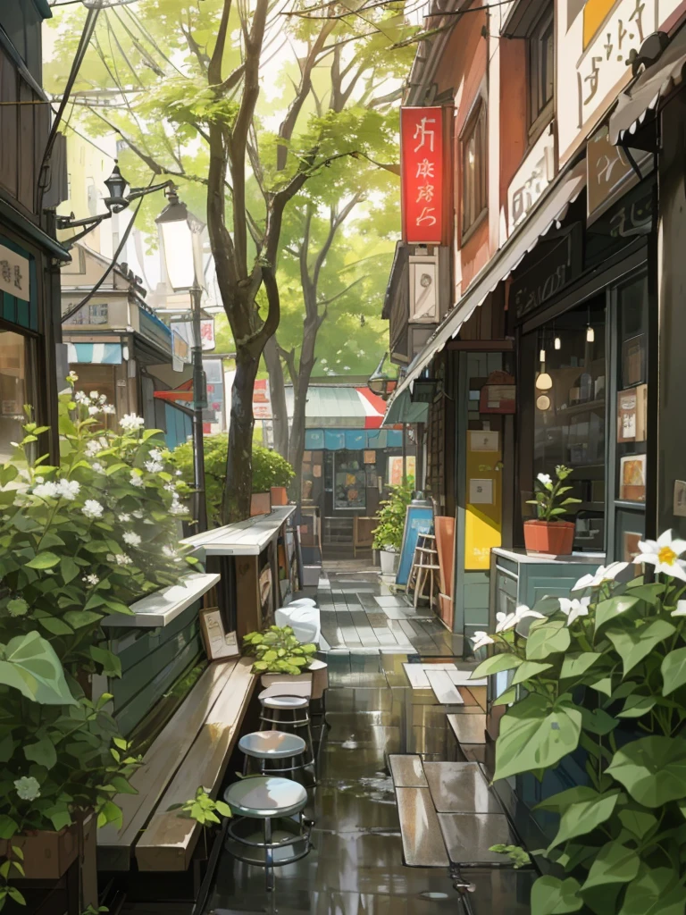 （tmasterpiece，best qualtiy），photore，If café，Wet streets，um dia ensolarado，Small shop，busy street，Nostalgia，hyper qualit，ultra - detailed