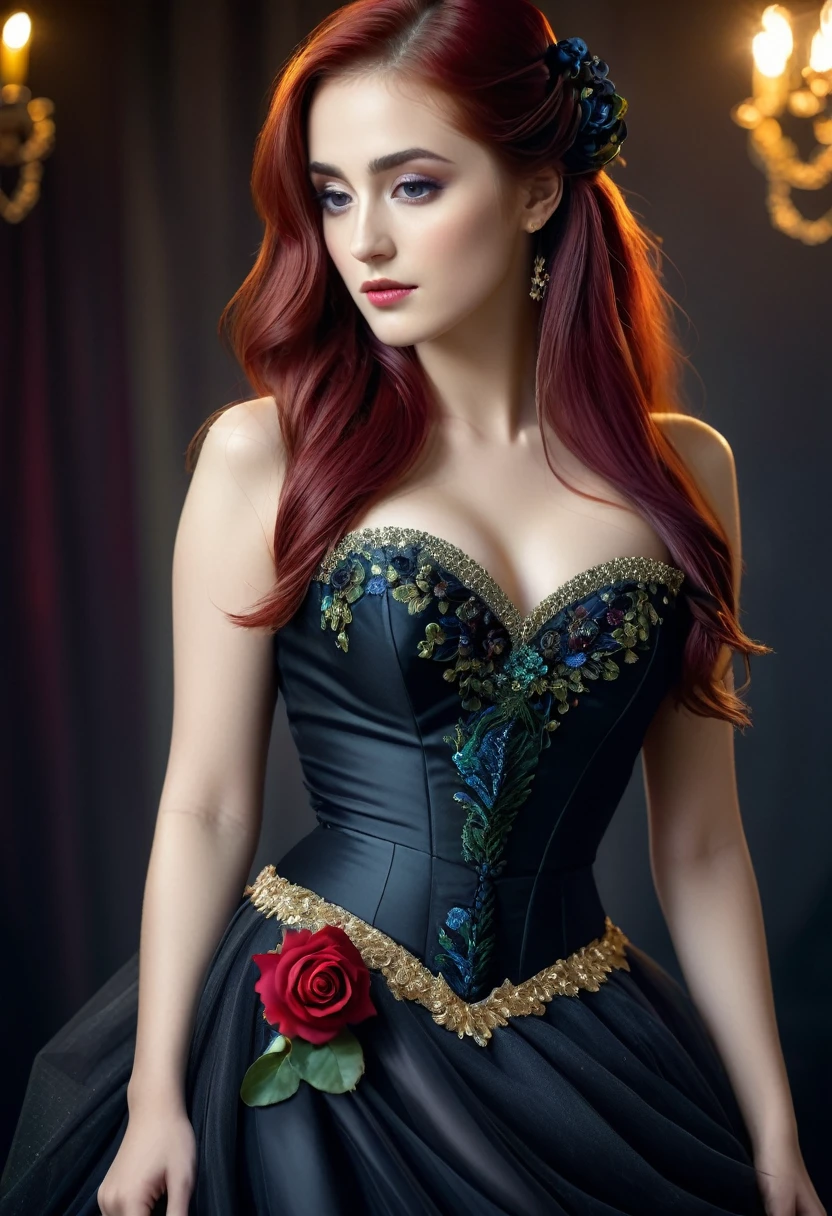 Twilight lady, beautiful and mysterious woman, a work of art of beauty, realistic and sharp focus, body from the knee up, wearing elegant peacock costume clothes. Professionally retouched, soft lighting, realistic and smooth face, perfect eyes, sharp focus on eyes, 8k, high definition, incredibly detailed, complex, elegant. on a dark background with white flowers drefocused in studio, long red hair, spotlight of yellow light for the flowers, Nikon D7000 camera, 35mm lens, f22, speed 125sec, striking face, expressive and crystalline amber eyes, black floral tulle veil with embroidered edges gold, bright red satin corset, detailed and intricate, draped black skirt, light fabric, with small red roses at the waist, dynamic pose. Full HD.