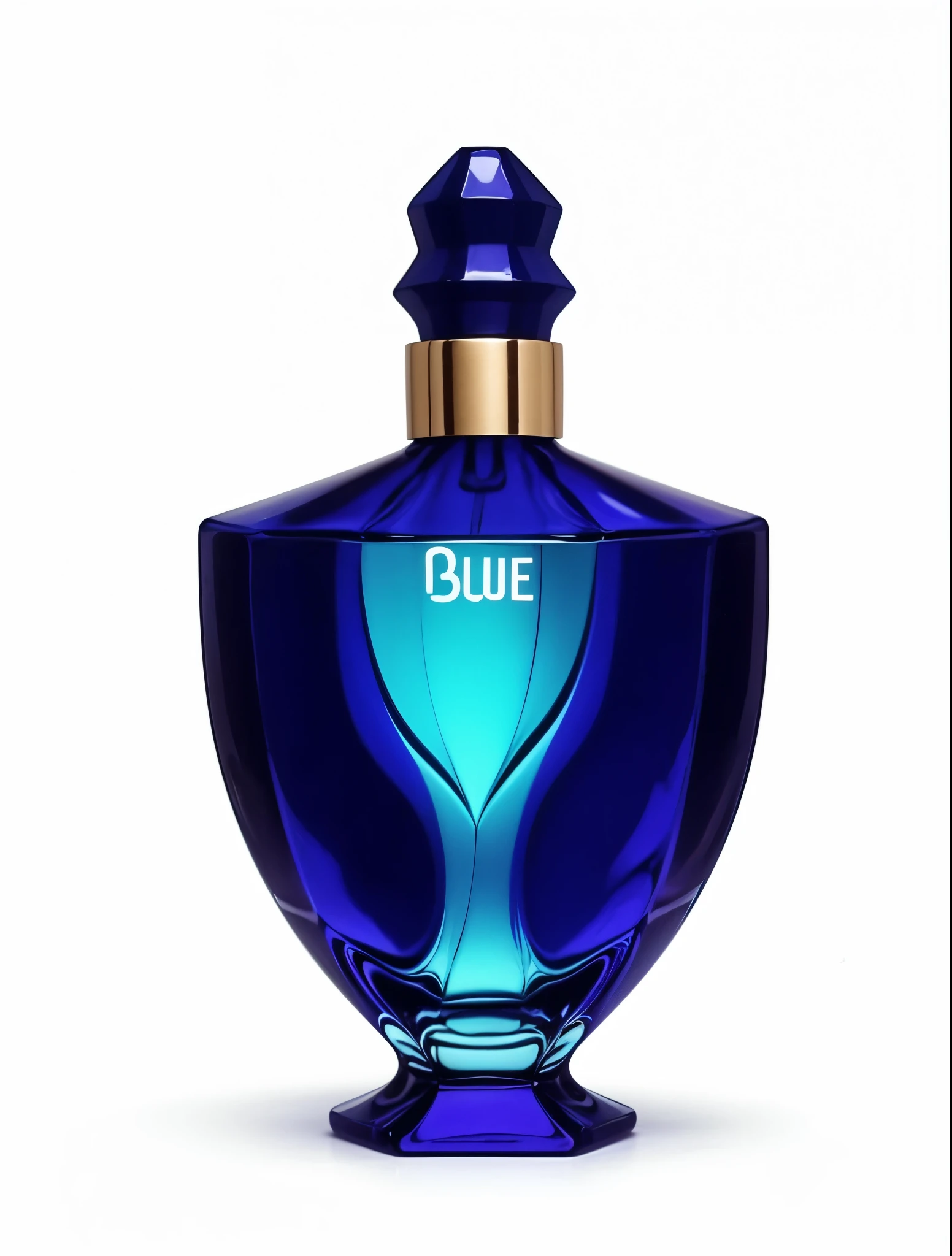 a beautifully lit wooden table,white background,dark blue perfume bottle,blue text BLUE on perfume bottle,minimalist composition,natural lighting,high quality,intricate details,photorealistic,still life,product photography,elegant,refined,sophisticated