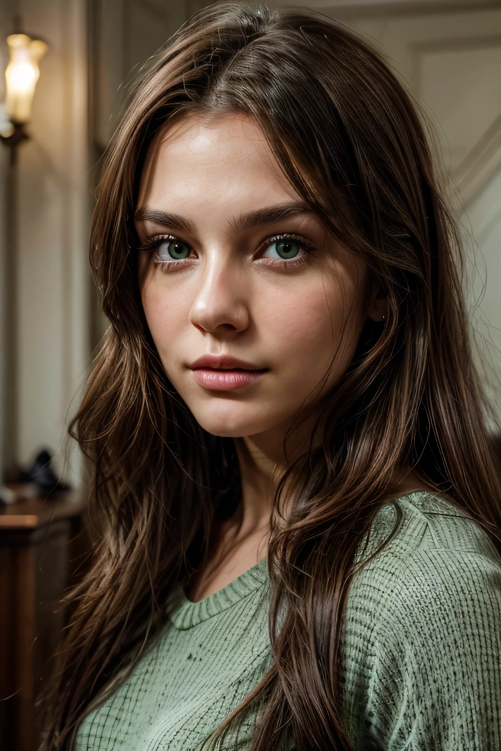 highly detailed selfie of a brunette girl of 20 years old, green eyes, mid long hair Ultra photorealistic 8K