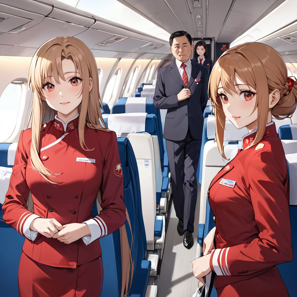 ((Highest quality)), ((masterpiece)), (detailed), （Perfect Face）、The woman is a Chinese flight attendant for Air China, named Yuuki Asuna, with light brown, medium-long hair.、The woman is wearing the red uniform of an Air China flight attendant.、The woman is an honorable special flight attendant reserved for members of the Chinese Communist Party.、The woman is constantly entertaining first-class Chinese Communist Party members.