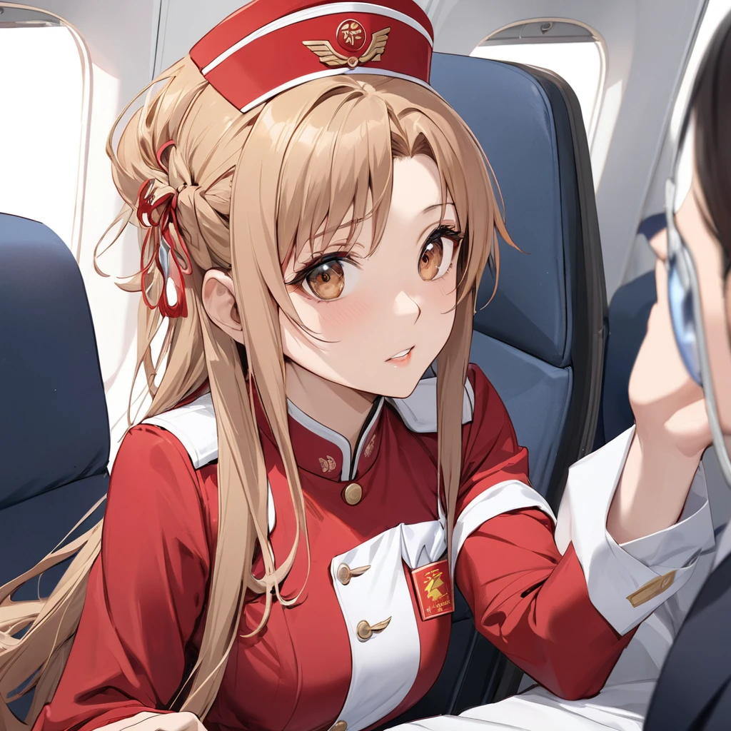 ((Highest quality)), ((masterpiece)), (detailed), （Perfect Face）、The woman is a Chinese flight attendant for Air China, named Yuuki Asuna, with light brown, medium-long hair.、The woman is wearing the red uniform of an Air China flight attendant.、The woman is an honorable special flight attendant reserved for members of the Chinese Communist Party.、The woman is constantly entertaining first-class Chinese Communist Party members.
