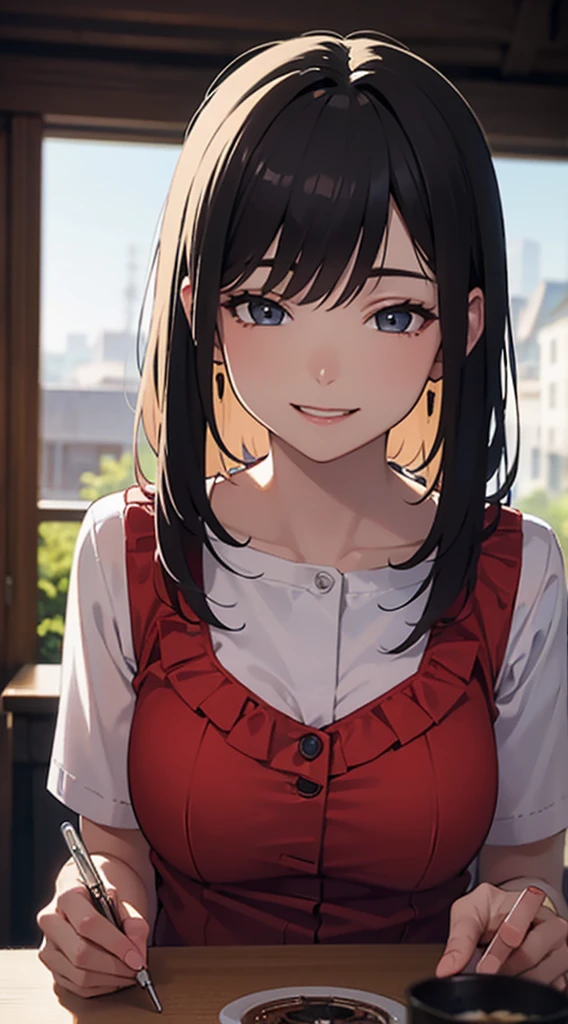 Highly detailed illustration,  ((Happy expression)), ((Drop your eyes)),Park Background, Middle chest, Detailed face, High resolution, One girl, 28 years old, smile, Excellent anatomy, Soft Focus, Cinema Lighting, Depth of written boundary, Long Shot