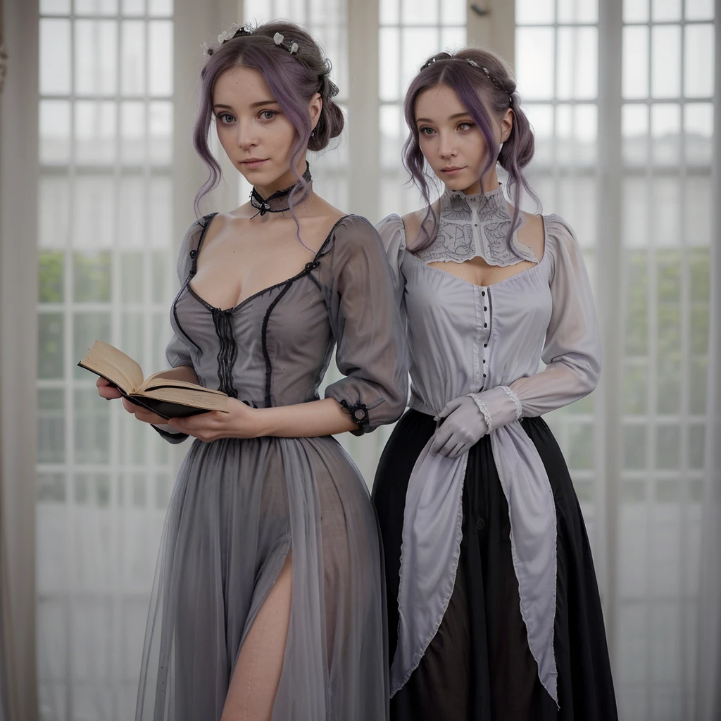 Une femme blanche aux yeux gris avec de longs cheveux violets rasés d'un côté. Elle porte un haut noir transparent et une longue jupe noire fendue sur les côtés. Dans une bibliothèque steampunk avec une fenêtre qui donne sur un jardin luxuriant.
