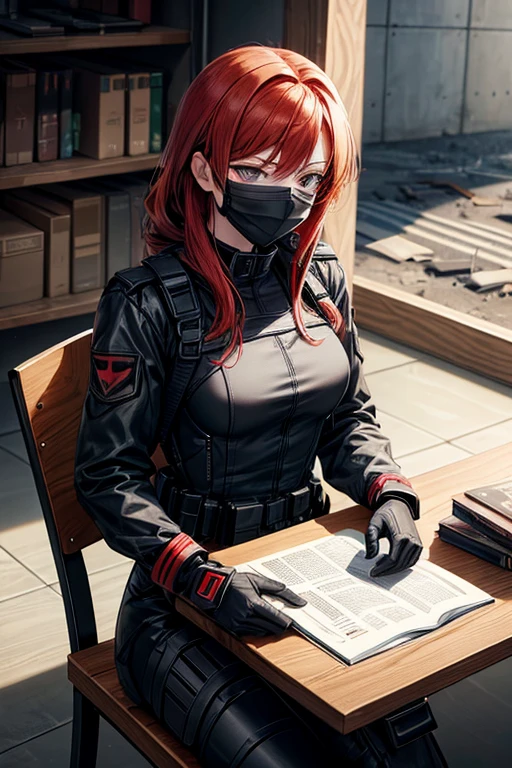 a redhead anime girl, soldier in a black combat suit, a black mask, with two katanas sheathed on his back, an assault rifle on a table, sitting in a chair next to a table, in an abandoned warehouse reading files.