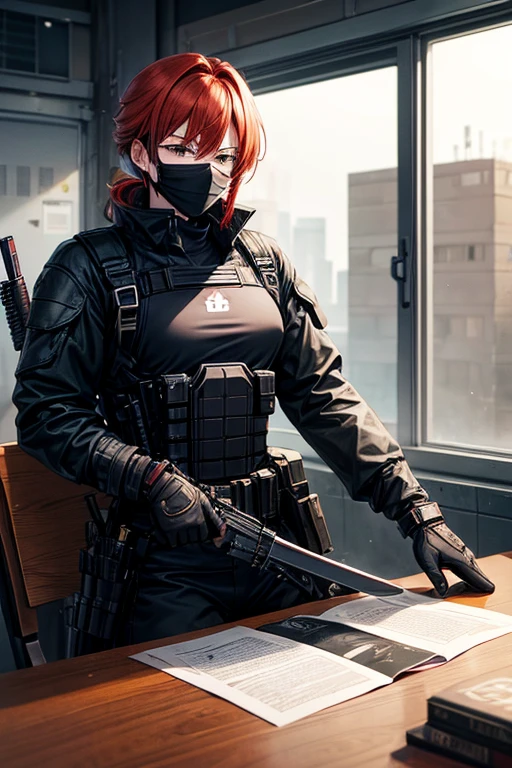 a redhead anime girl, soldier in a black combat suit, a black mask, with two katanas sheathed on his back, an assault rifle on a table, sitting in a chair next to a table, in an abandoned warehouse reading files.