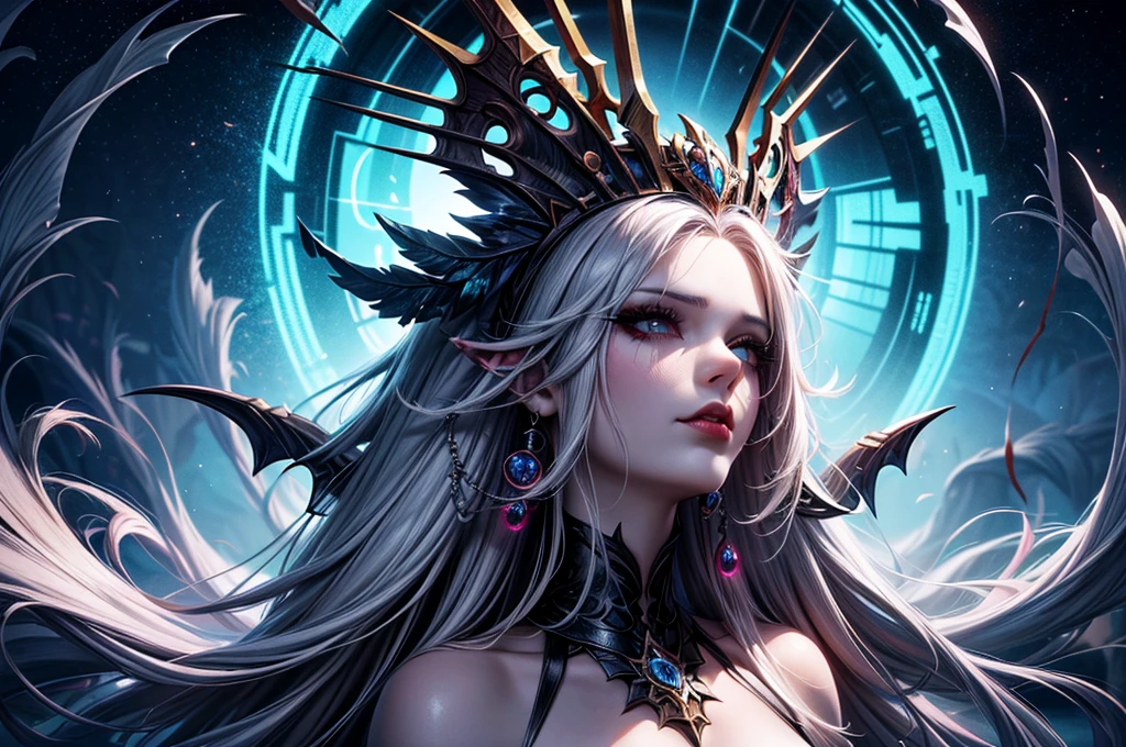 In the middle of ruined old castle there is beatiful undead lich queen who stand under the stary night sky, she have beatiful face, long silver hair with pink highlights her eyes is emerald green red lipsick and smoky eyes make up, her naked tattooed body cover only with black transparent spider web vail, (ultra high quality fantasy art, dark fantasy style, masterpiece, ultra high quality character design, 8k quality anime art, realistic anime art, top quality wallpaper illustration, detailed ultra high quality accurate face, high quality design and accurate physic)