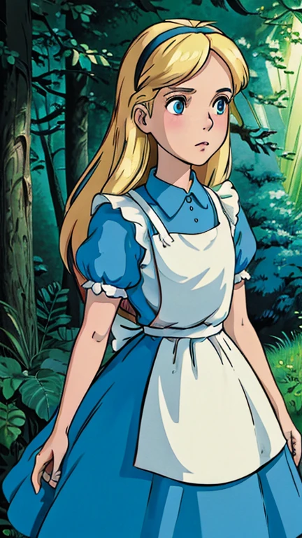 (a girl as AliceWonderlandWaifu), (extremely detailed CG unit 8k wallpaper),(master part), (best quality), (ultra detail), (best illustration),(ghibli style), cowboy shot,(Sharp eyeliner, ombre, detailed eyes:1), outdoor, Disney forest, GHIBLI_Background,break,upper body,blue eyes, blue dress, white pantyhose, apron, black hairband, blonde