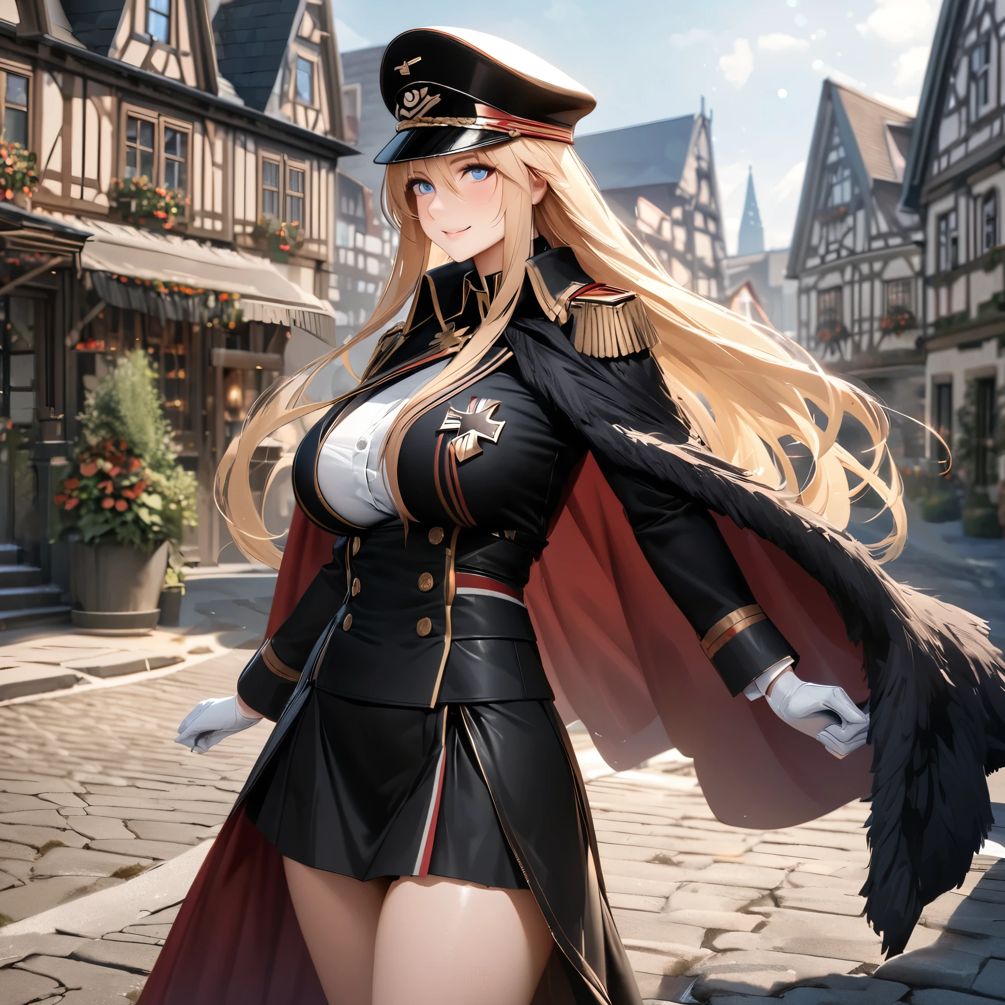 (KMS Bismarck, Azur Lane), wearing black military uniform, blonde hair, long hair, ice blue eyes, black skirt, black fur cape with white details, standing posture, black military hat with iron cross, walking on a concrete sidewalk in a garden , traditional German town in the background, German houses in the background, smiling, big breasts. .UHD, masterpiece, accurate, anatomically correct, textured skin, super detail, high quality, best quality, 8k, high resolution, bokeh effect.(solo woman),white gloves, realistic, close view.