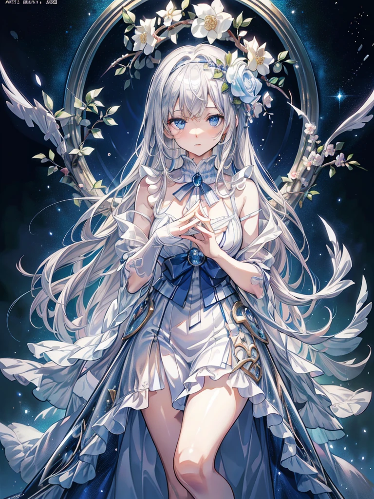 official art, European masterpiece women,, light silver hair , deep blue eyeasterpiece、highest quality、High resolution: 1.4),in 8K, anime art nouveau, Highly detailed exquisite fan art, anime fantasy illustration, clean detailed anime art, detailed anime art, sharp focus of a person, delicate Beautiful Hair and Eyes and Face, realistic, super detailed, flower garden,((delicate, Delicate and cute hands)),((elegant shiny dress)),((lots of races)),((lots of frills)),((lots of ribbons))