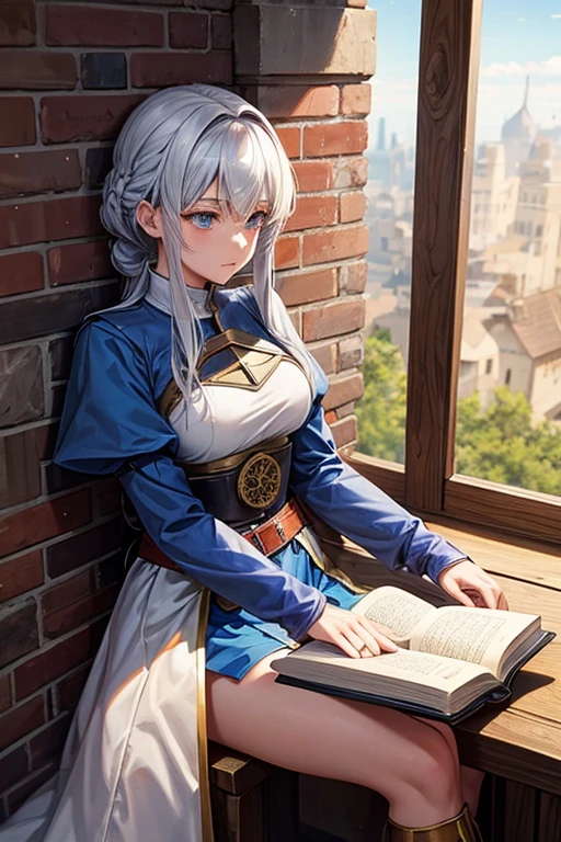 A medieval anime girl, medieval soldier, with a sheathed sword on his back, sitting on a wall, reading a book.