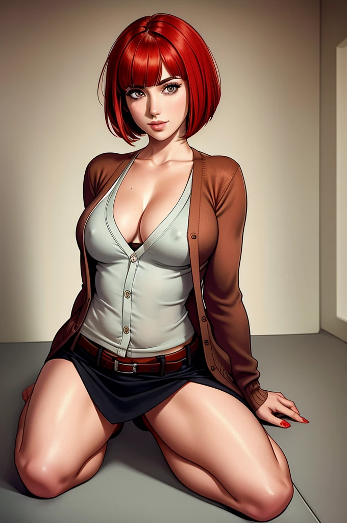 Allison Scagliotti, A girl with red hair, bobcut hairstyle, full body shot, detailed eyes and face, cardigan, bare legs, short hair, asymmetric haircut, inverted bob,