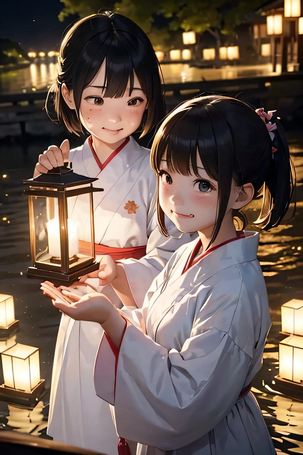 Highest quality、High resolution、Detailed Background、(Beautiful face in every detail:1.4)、Anatomically correct、(Normal number of fingers:1.2)、Highly detailed face、Detailed eyes、Teenage beauty、Perfect body line、Bobcut、ponytail、Twin tails、well-groomed eyebrows、Obon season、A scene unique to Obon、A warm scene、At dusk、(Two girls smiling with slightly sad faces:1.5)、
The lights of the river lanterns sway on the surface of the river.、In the light, a girl in a white yukata is projected.、The girl carefully lights the river lantern.、We are praying with our hands together、
Ancestors with a gentle expression々It conveys the feeling of mourning the、Next, the girl begins to float flowers on the river lantern.、Red or white、Small yellow petals spread across the surface of the river.、The girl puts flowers in her hands and gently floats the river lantern down the river.、I am fascinated by the river lights floating away on the current.、Xu々As night deepens、The surroundings are enveloped in darkness、But the girl seems to be surrounded by the soft light of the river lanterns.、In this quiet moment, a gentle thought dwells in the girl's eyes.、You can feel the overlap of gratitude to one's ancestors and hopes for the future.、There is a custom of sending off the spirits of ancestors by floating lanterns down the river.
