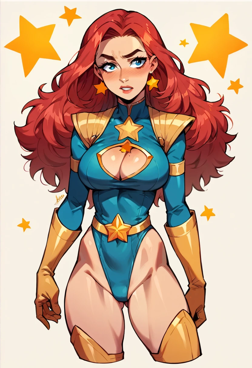 score_9, score_8_up, score_7_up, score_6_up, score_5_up, score_4_up, masterpiece, Sexy, Superheroine, Red hair, long hair, busty, ((blue highleg leotard with a t-back thong and a gold star insignia on chest)), gold boots, gold gloves, ((Cleavage Cutout))