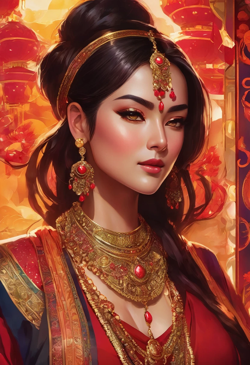 A stunning female character with an Eastern-inspired aesthetic, adorned in a gold necklace with intricate red beads and ornate jewelry, standing in front of a vibrant, glowing background that radiates warmth and beauty.