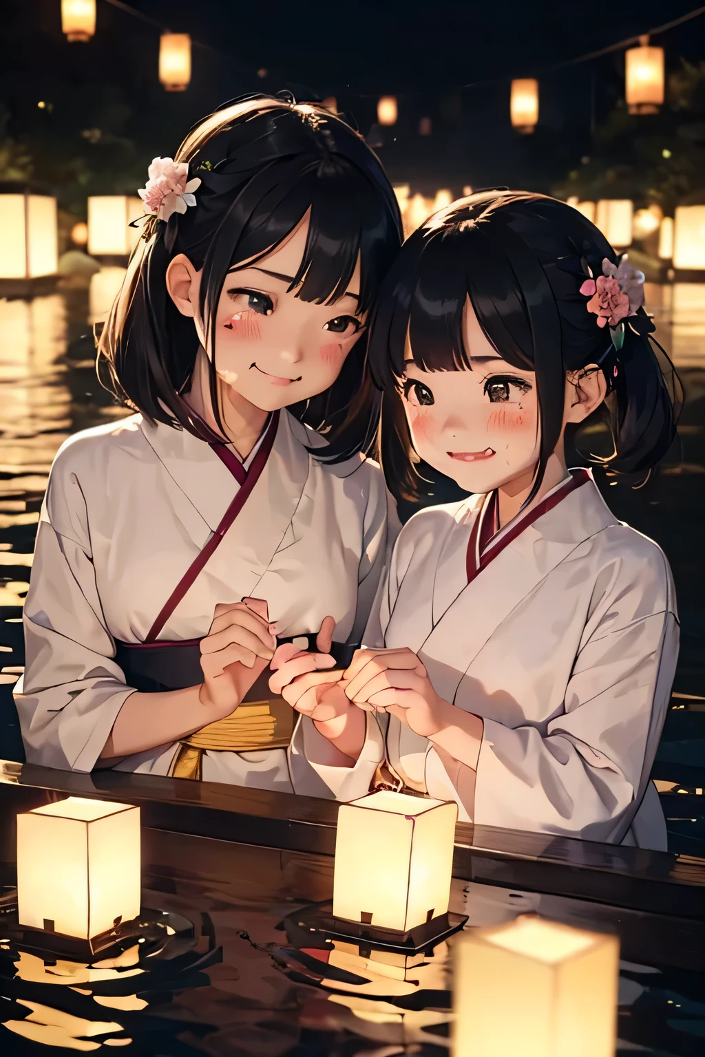 Highest quality、High resolution、Detailed Background、(Beautiful face in every detail:1.4)、Anatomically correct、(Normal number of fingers:1.2)、Highly detailed face、Detailed eyes、Teenage beauty、Perfect body line、Bobcut、ponytail、Twin tails、well-groomed eyebrows、Obon season、A scene unique to Obon、A warm scene、At dusk、(Two girls smiling with slightly sad faces:1.5)、
The lights of the river lanterns sway on the surface of the river.、In the light, a girl in a white yukata is projected.、The girl carefully lights the river lantern.、We are praying with our hands together、
Ancestors with a gentle expression々It conveys the feeling of mourning the、Next, the girl begins to float flowers on the river lantern.、Red or white、Small yellow petals spread across the surface of the river.、The girl puts flowers in her hands and gently floats the river lantern down the river.、I am fascinated by the river lights floating away on the current.、Xu々As night deepens、The surroundings are enveloped in darkness、But the girl seems to be surrounded by the soft light of the river lanterns.、In this quiet moment, a gentle thought dwells in the girl's eyes.、You can feel the overlap of gratitude to one's ancestors and hopes for the future.、There is a custom of sending off the spirits of ancestors by floating lanterns down the river.