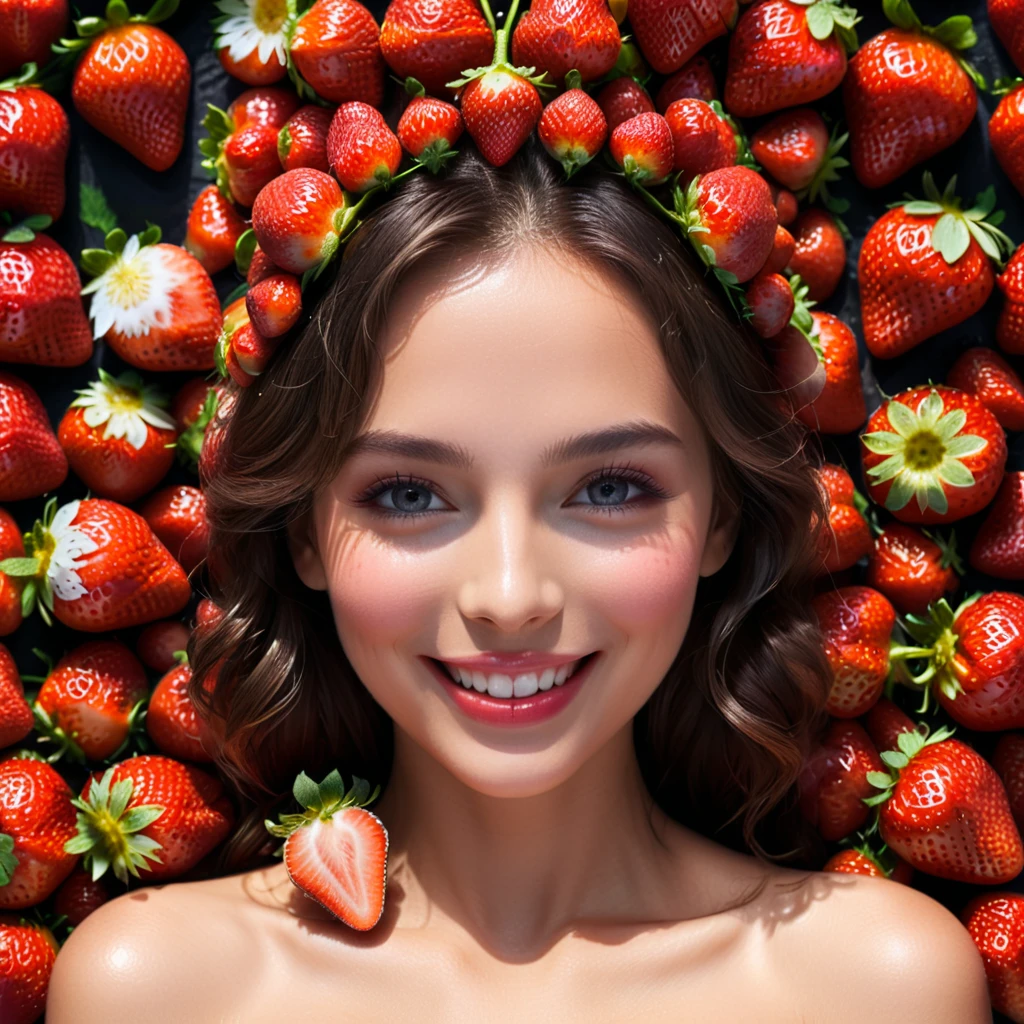 a lady face in the middle of strawberry,smile,perfect anatomy,centered,cinematic lighting,(masterpiece,8k,Professional,perfect composition,very aesthetic,absurdres,ultra-detailed,intricate details:1.2),perfect proportion,hand