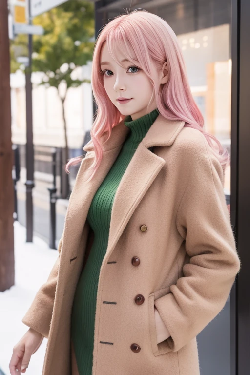 Anime female character,  pink hair, green eyes, wears brown wool coat, soft skin 