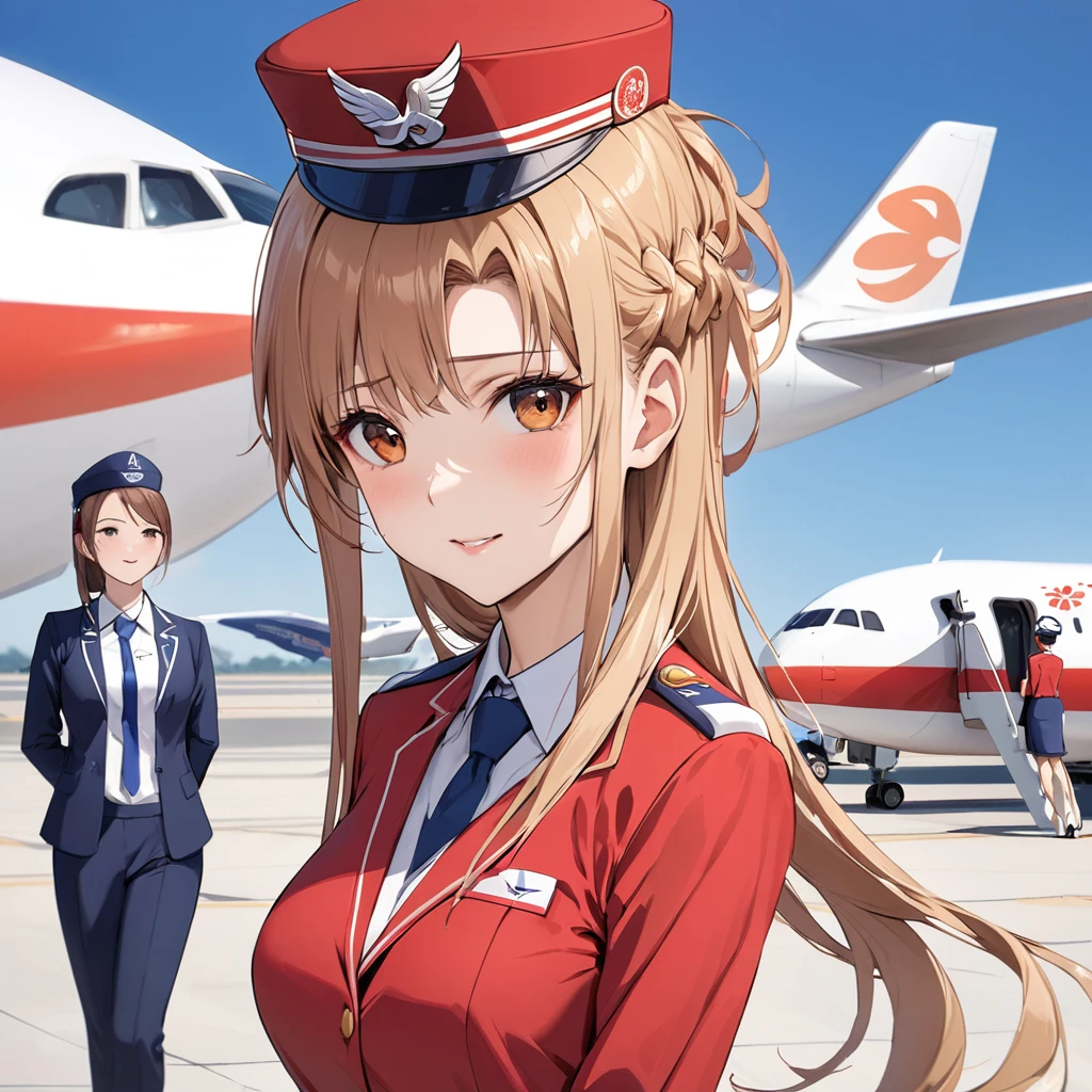 ((Highest quality)), ((masterpiece)), (detailed), （Perfect Face）、The woman is Yuuki Asuna, a flight attendant for Shandong Airlines, a Chinese woman with light brown, medium-long hair.、The woman is wearing a red Shandong Airlines flight attendant uniform, a uniform scarf and a uniform hat.、She is wearing the bright red uniform that is so typical of China.、Flight attendants were photographed gathering in a line.