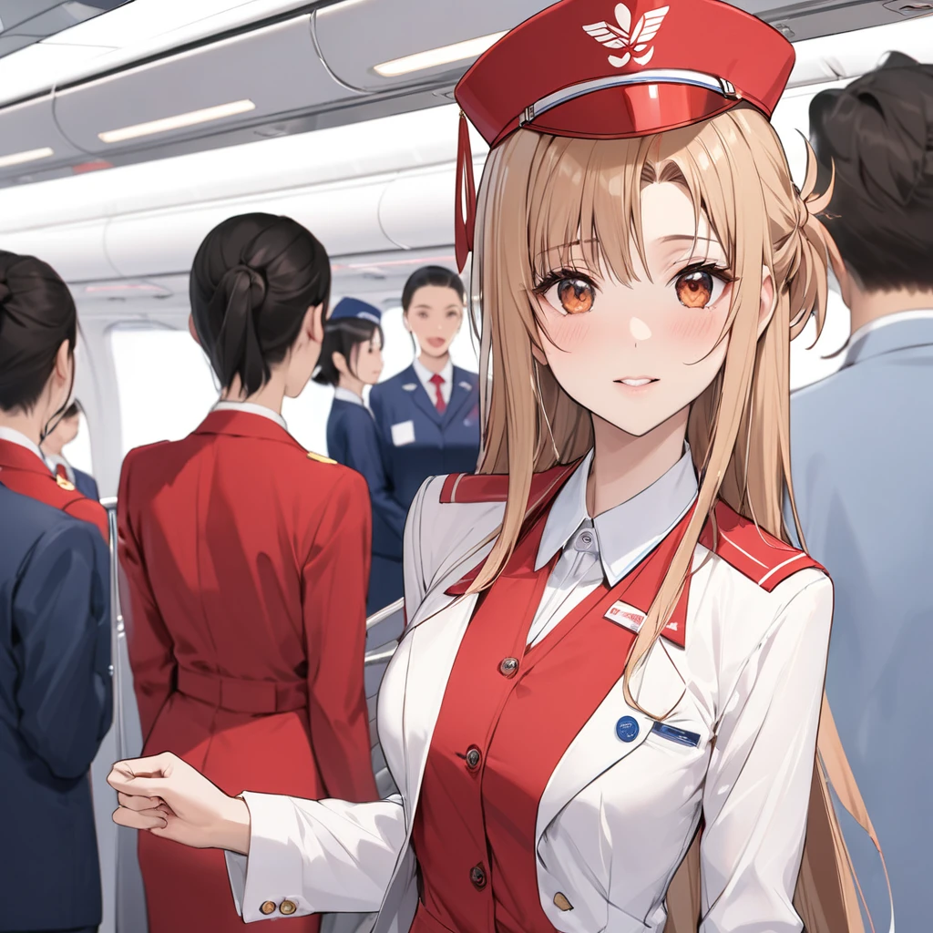 ((Highest quality)), ((masterpiece)), (detailed), （Perfect Face）、The woman is Yuuki Asuna, a flight attendant for Shandong Airlines, a Chinese woman with light brown, medium-long hair.、The woman is wearing a red Shandong Airlines flight attendant uniform, a uniform scarf and a uniform hat.、She is wearing the bright red uniform that is so typical of China.、Flight attendants were photographed gathering in a line.
