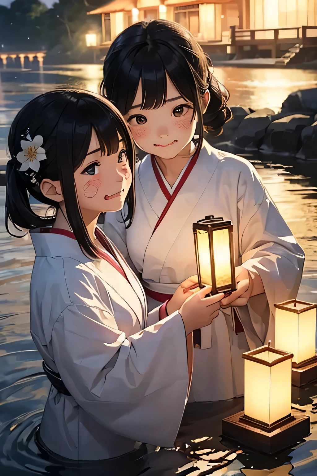 Highest quality、High resolution、Detailed Background、(Beautiful face in every detail:1.4)、Anatomically correct、(Normal number of fingers:1.2)、Highly detailed face、Detailed eyes、age beauty、Perfect body line、Bobcut、ponytail、Twin tails、well-groomed eyebrows、Obon season、A scene unique to Obon、A warm scene、At dusk、(Two girls smiling with slightly sad faces:1.5)、
The lights of the river lanterns sway on the surface of the river.、In the light, a girl in a white yukata is projected.、The girl carefully lights the river lantern.、We are praying with our hands together、
Ancestors with a gentle expression々It conveys the feeling of mourning the、Next, the girl begins to float flowers on the river lantern.、Red or white、Small yellow petals spread across the surface of the river.、The girl puts flowers in her hands and gently floats the river lantern down the river.、I am fascinated by the river lights floating away on the current.、Xu々As night deepens、The surroundings are enveloped in darkness、But the girl seems to be surrounded by the soft light of the river lanterns.、In this quiet moment, a gentle thought dwells in the girl's eyes.、You can feel the overlap of gratitude to one's ancestors and hopes for the future.、There is a custom of sending off the spirits of ancestors by floating lanterns down the river.