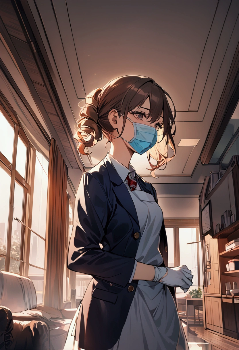 Living room Background, bloody, gore, school blazer, school uniform, surgical apron, medical gloves, surgical mask, 1girl, brown hair, shining hair, 