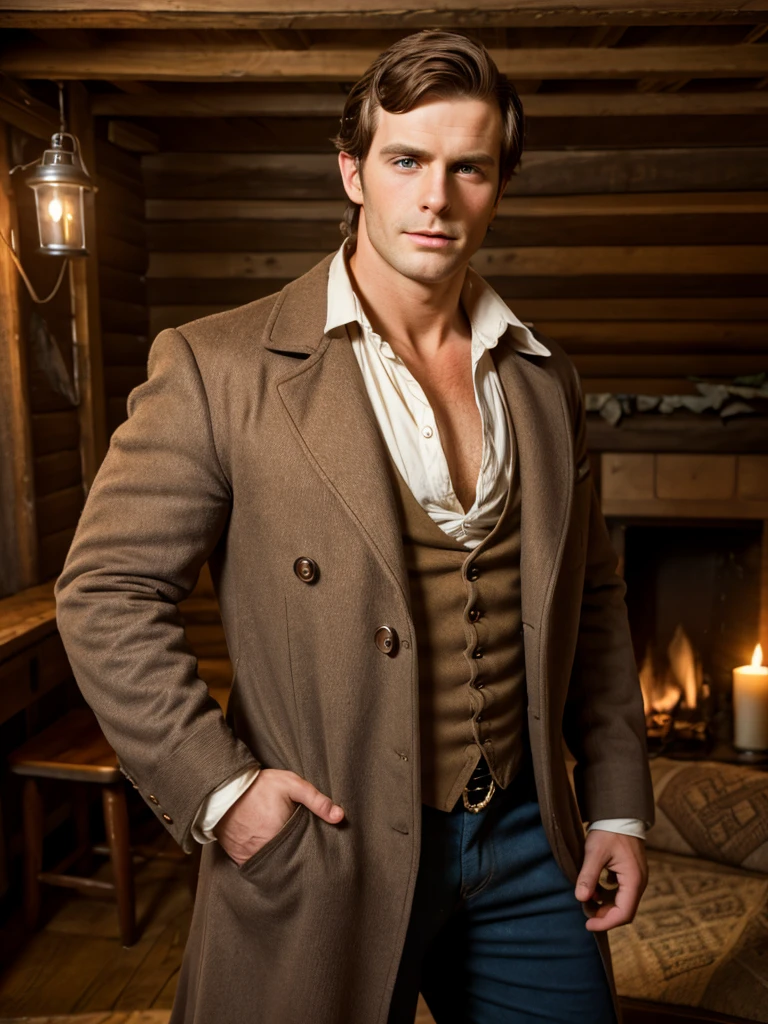 (highly detailed, soft light, photorealistic, dynamic light; cinematic); victorian-era; 1820s; 30 year old man; English; 1820s outdoorsman; strikingly handsome; high cheekbones; broad manly muscular jaw and chin; square face-shape; strong well-shaped nose; strapping; tough confident expression; masculine face with several scars; charismatic; grizzled; intense desirous expression; manly passionate air; very attractive; burly broad figure; ruddy weathered skin; unkempt stubble; natural light-blue eyes; thick strong chestnut-brown eyebrows; carefully-shaped 1820s sideburns; 1820s thick brown coat, open; 1820's union shirt, ripped open and showing chest; 1820s suspenders connected to pants; broad muscular strong very hairy chest; short styled chestnut-brown hair in 1820's hairstyle; full firm masculine lips; standing in an 1820s intimate cosy log cabin at night-time with 1820s oil lamp in the background; looking at camera