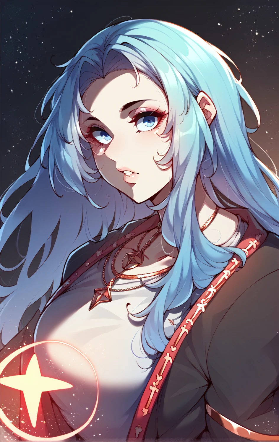 check_9,check_8_up,check_7_up,check_6_up,check_5_up,check_4_up 1girl,One,long hair,Blue eyes,blue hair,parted lips,teeth,star (symbol),lips,eyelashes,makeup,floating hair,portrait,nose,A planet 