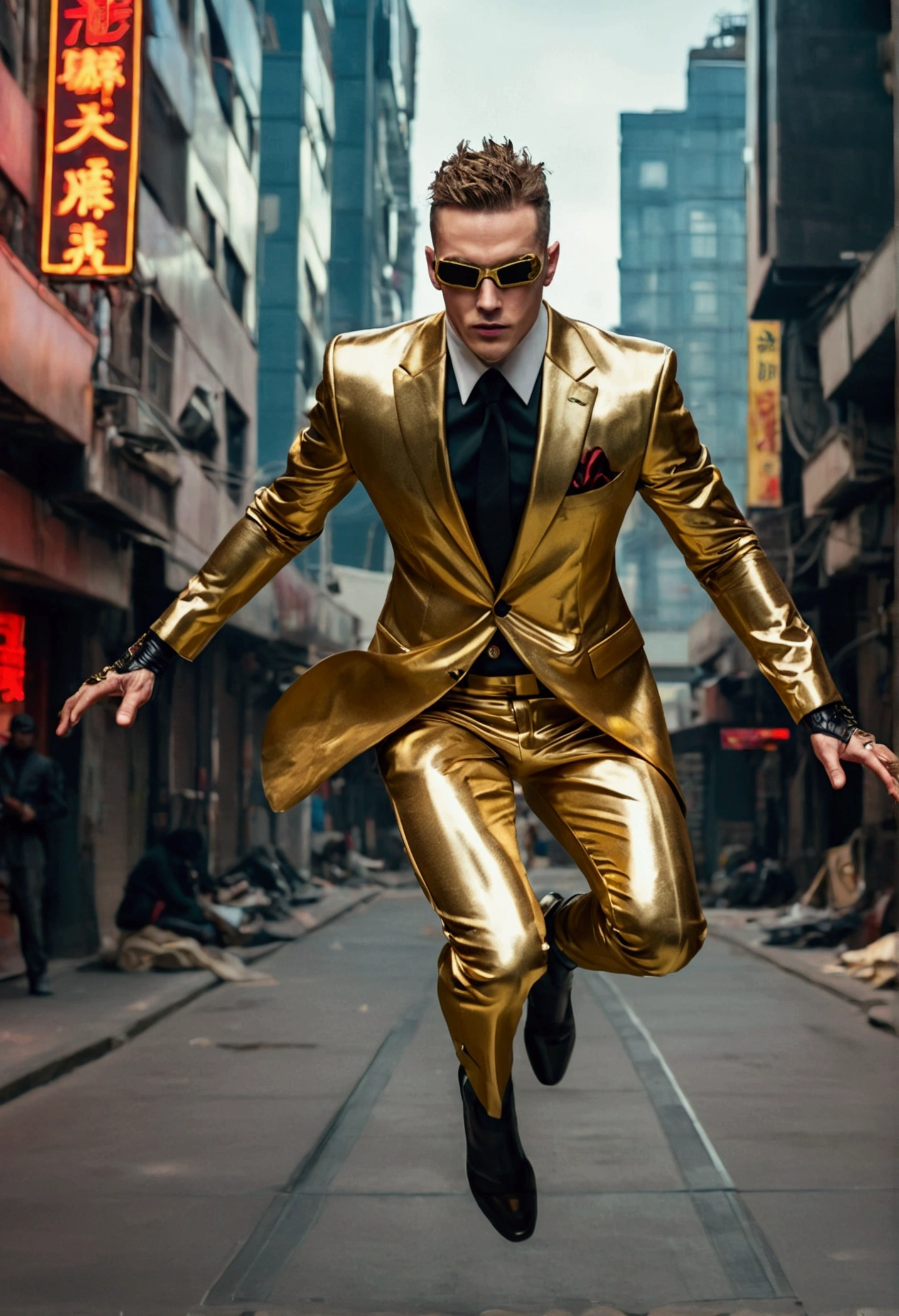 Jumping over an enemy, man wearing a thin and refined metallic gold branded suit, metallic gold suit outfit, outfit executive cyberpunk, Gorgeous Man, sadistic man, black-eyed man with red irises, Cyberpunk City, Cyberpunk Street